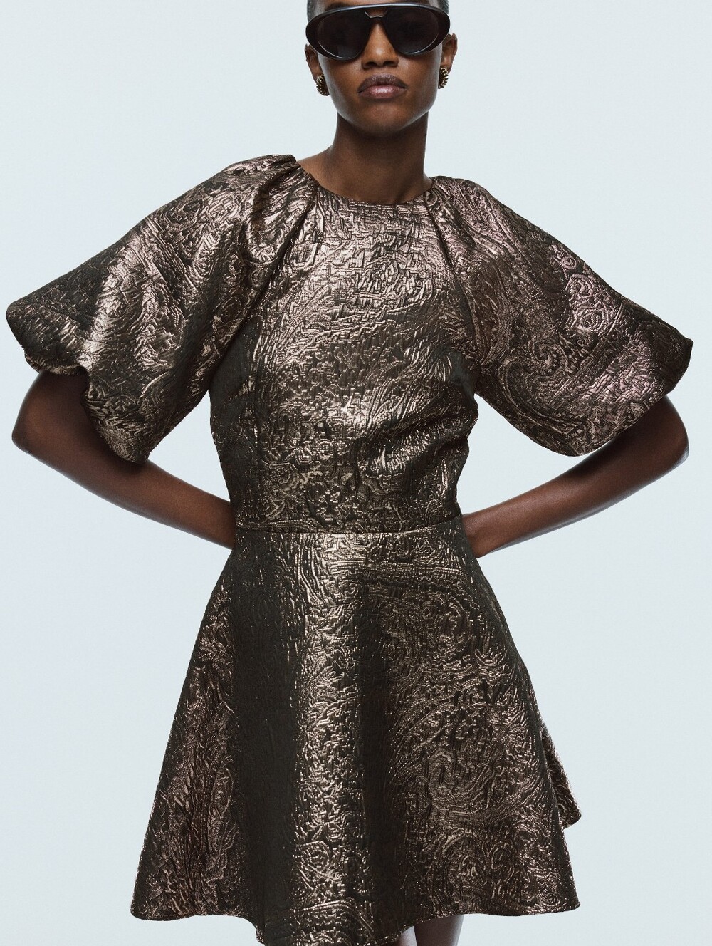 H&M Metallic Bronze Jacquard Puff-Sleeve Mini Dress